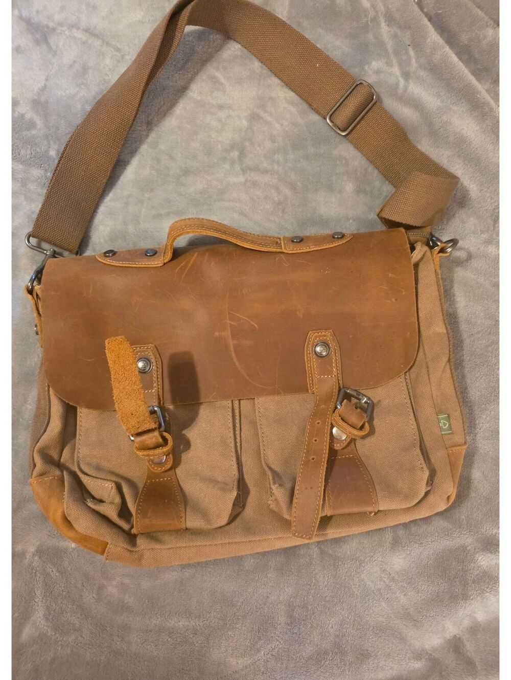 TSD Brand Brown Canvas and Leather Messenger Bag
